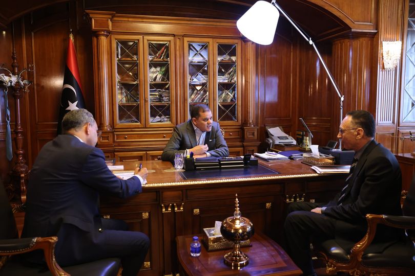 PM Dbeibeh during his meeting with the Minister of Economy and Trade, Al-Huwaij, and the Minister of State for PM and Cabinet Affairs, Adel Jumaa